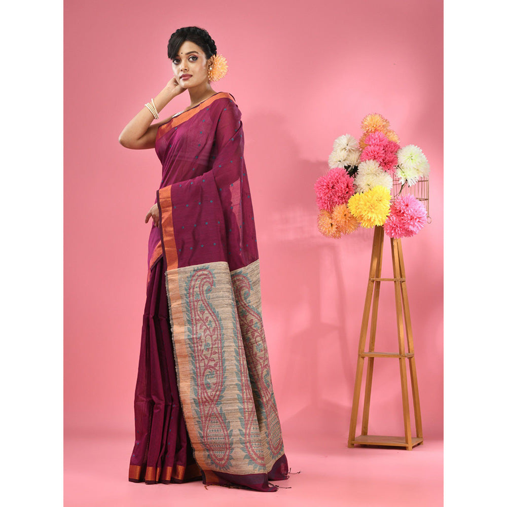 CHARUKRITI Magenta Cotton Blend Handwoven Jute Weaving Pallu Saree with Unstitched Blouse