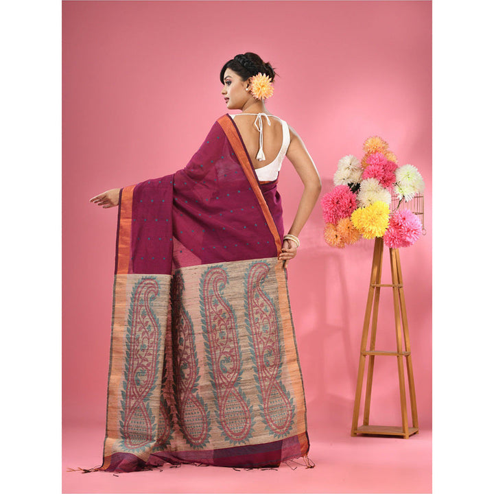 CHARUKRITI Magenta Cotton Blend Handwoven Jute Weaving Pallu Saree with Unstitched Blouse