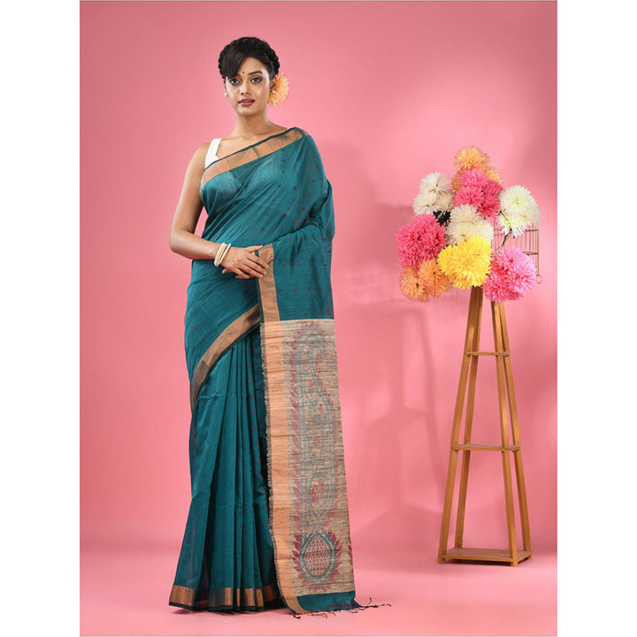 CHARUKRITI Teal Cotton Blend Handwoven Jute Weaving Pallu Saree with Unstitched Blouse