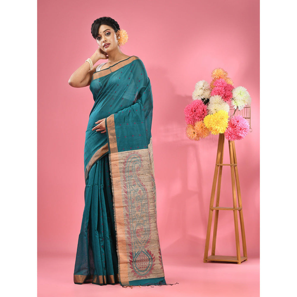 CHARUKRITI Teal Cotton Blend Handwoven Jute Weaving Pallu Saree with Unstitched Blouse