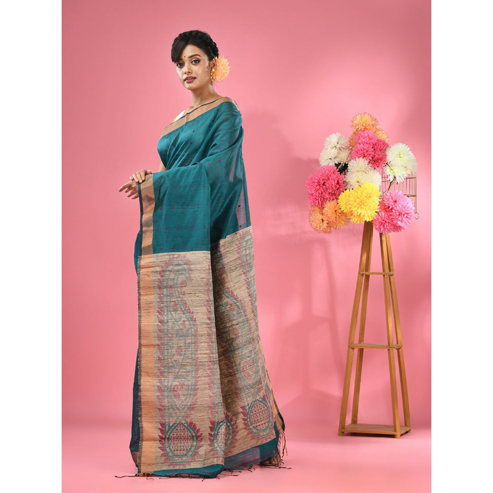 CHARUKRITI Teal Cotton Blend Handwoven Jute Weaving Pallu Saree with Unstitched Blouse