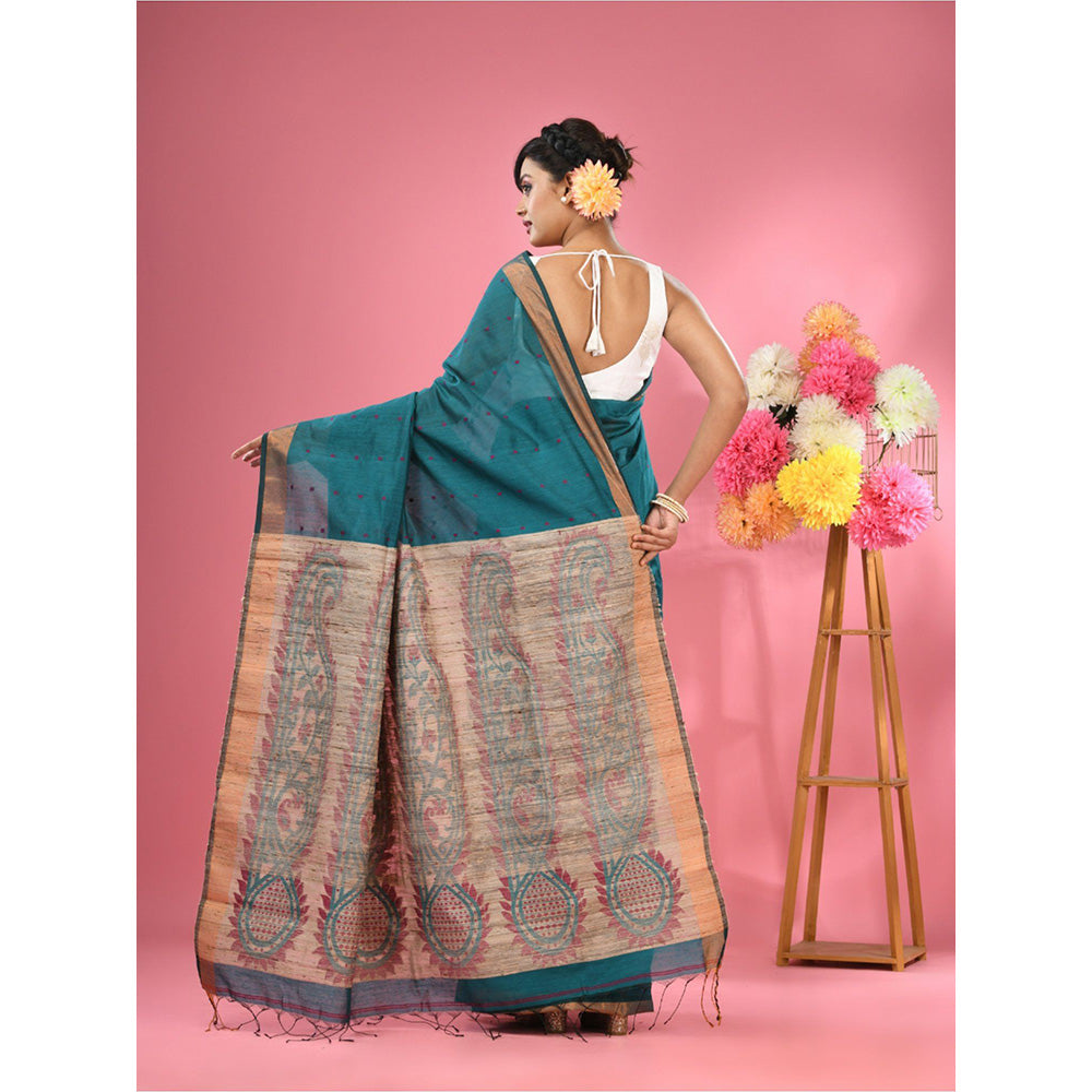 CHARUKRITI Teal Cotton Blend Handwoven Jute Weaving Pallu Saree with Unstitched Blouse