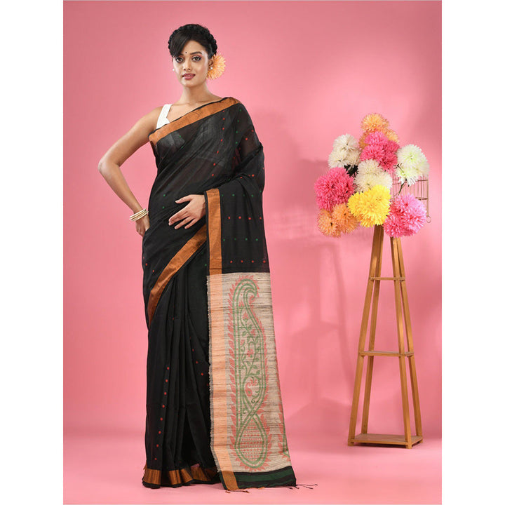 CHARUKRITI Black Cotton Blend Handwoven Jute Weaving Pallu Saree with Unstitched Blouse