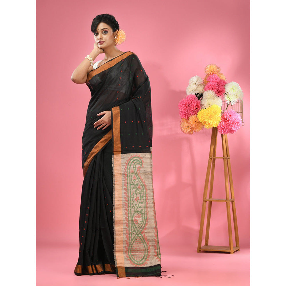 CHARUKRITI Black Cotton Blend Handwoven Jute Weaving Pallu Saree with Unstitched Blouse