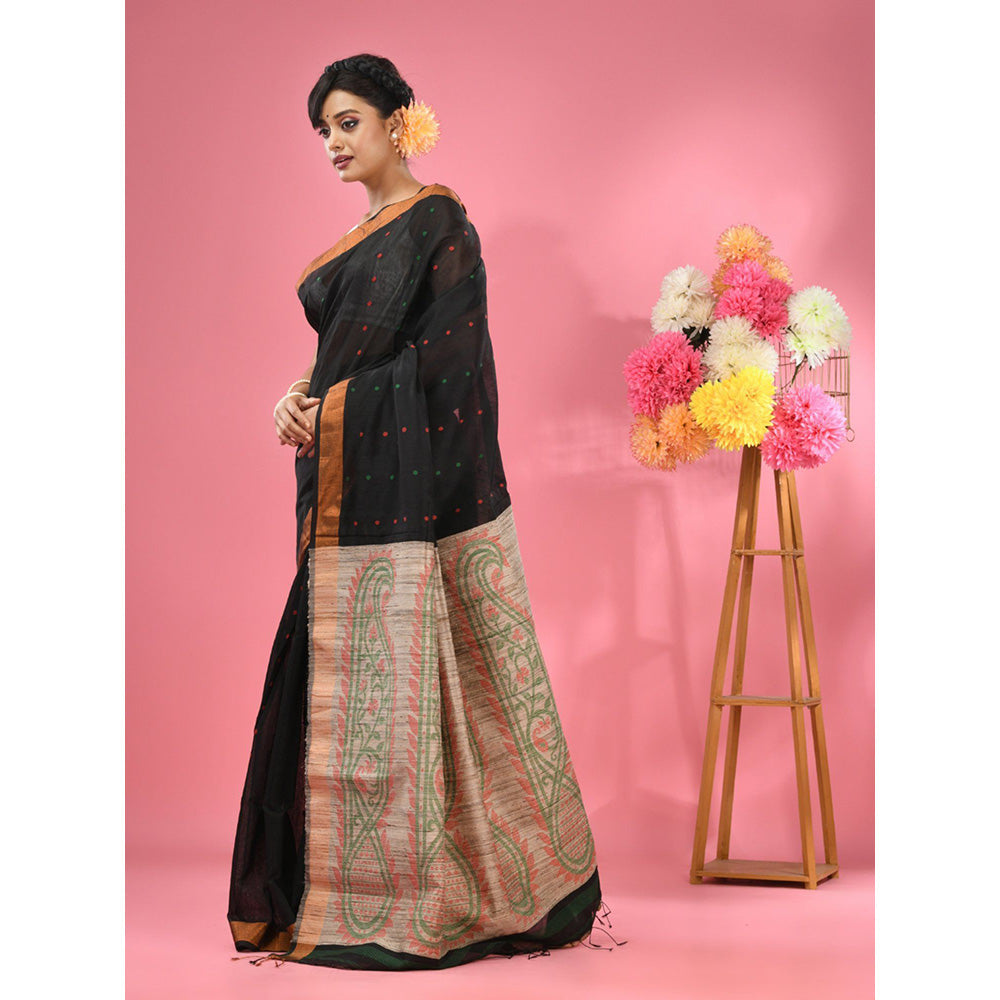 CHARUKRITI Black Cotton Blend Handwoven Jute Weaving Pallu Saree with Unstitched Blouse