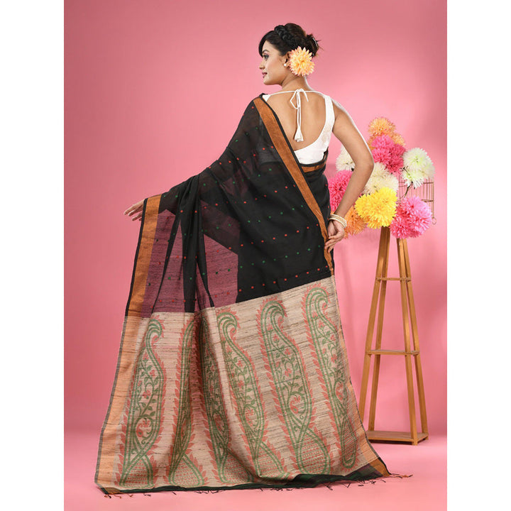 CHARUKRITI Black Cotton Blend Handwoven Jute Weaving Pallu Saree with Unstitched Blouse