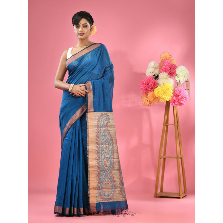 CHARUKRITI Sapphire Blue Cotton Blend Handwoven Jute Weaving Pallu Saree with Unstitched Blouse