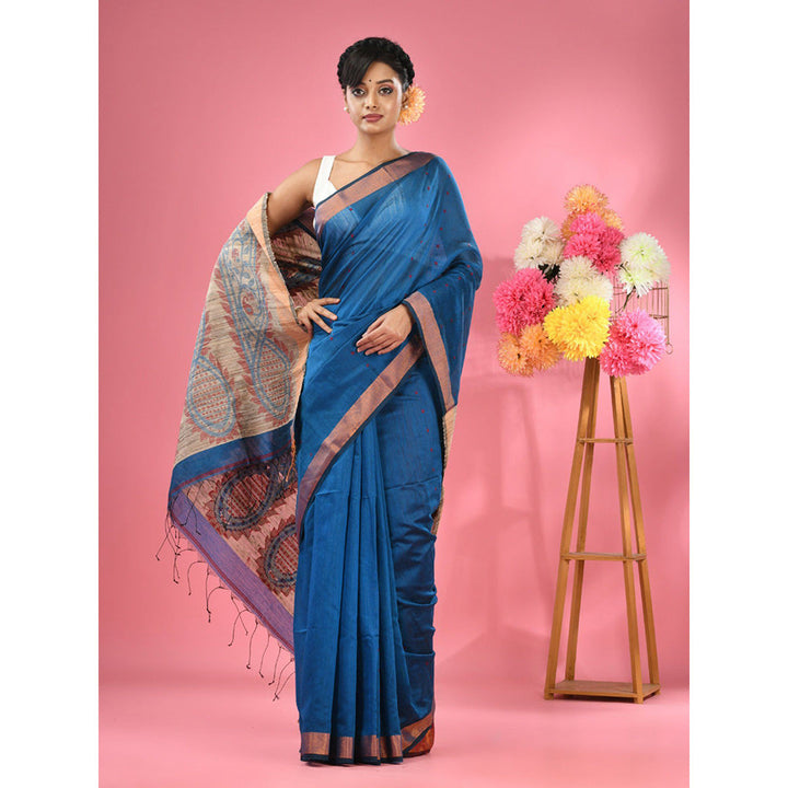 CHARUKRITI Sapphire Blue Cotton Blend Handwoven Jute Weaving Pallu Saree with Unstitched Blouse