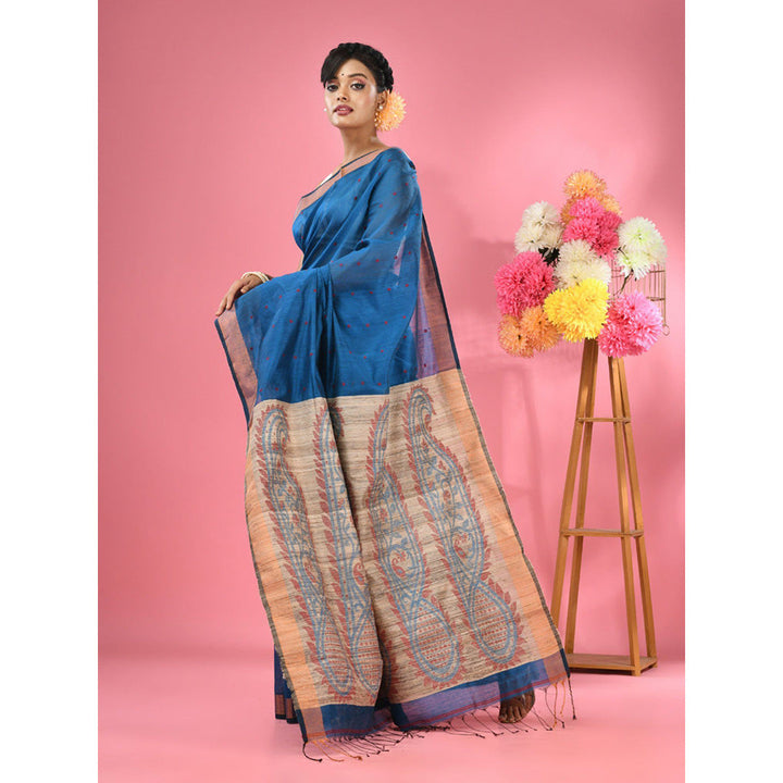 CHARUKRITI Sapphire Blue Cotton Blend Handwoven Jute Weaving Pallu Saree with Unstitched Blouse