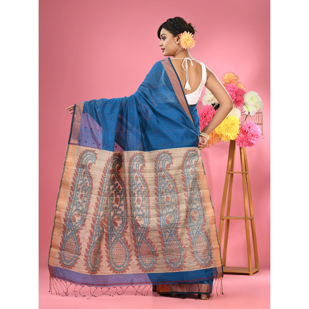 CHARUKRITI Sapphire Blue Cotton Blend Handwoven Jute Weaving Pallu Saree with Unstitched Blouse