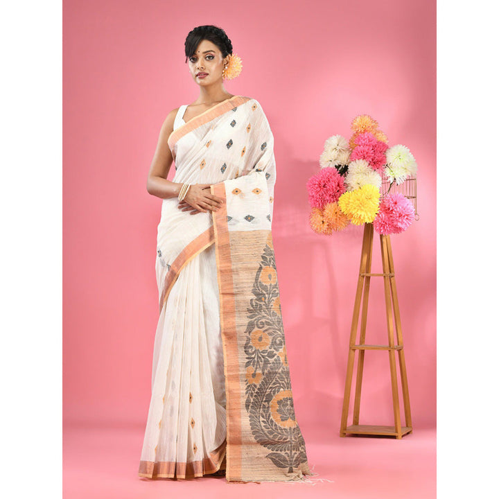 CHARUKRITI White Cotton Handspun Handwoven Jute Weaving Pallu Saree with Unstitched Blouse