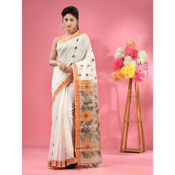 CHARUKRITI White Cotton Handspun Handwoven Jute Weaving Pallu Saree with Unstitched Blouse