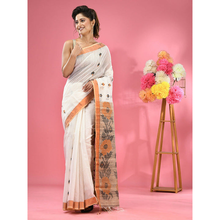 CHARUKRITI White Cotton Handspun Handwoven Jute Weaving Pallu Saree with Unstitched Blouse