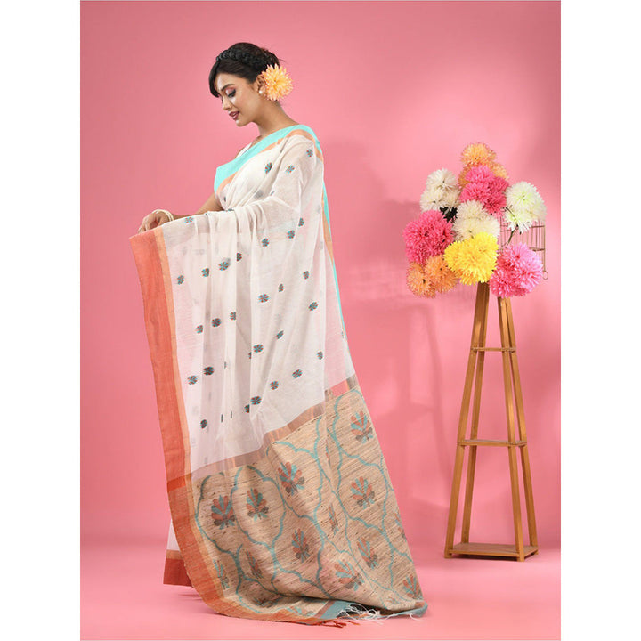 CHARUKRITI White Cotton Handspun Handwoven Jute Weaving Pallu Saree with Unstitched Blouse