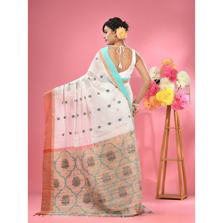 CHARUKRITI White Cotton Handspun Handwoven Jute Weaving Pallu Saree with Unstitched Blouse