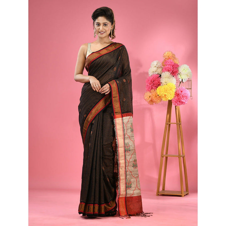 CHARUKRITI Black Cotton Blend Handwoven Jute Weaving Pallu Saree with Unstitched Blouse