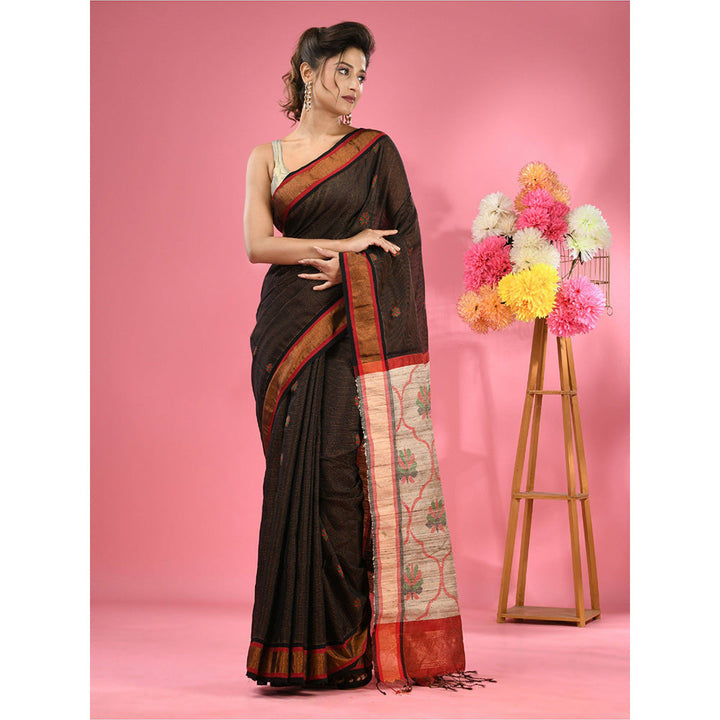 CHARUKRITI Black Cotton Blend Handwoven Jute Weaving Pallu Saree with Unstitched Blouse