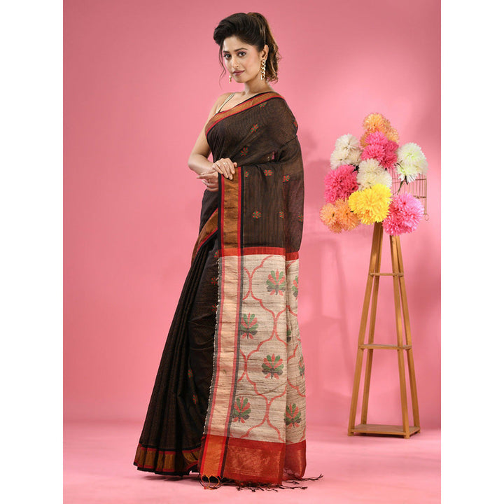 CHARUKRITI Black Cotton Blend Handwoven Jute Weaving Pallu Saree with Unstitched Blouse