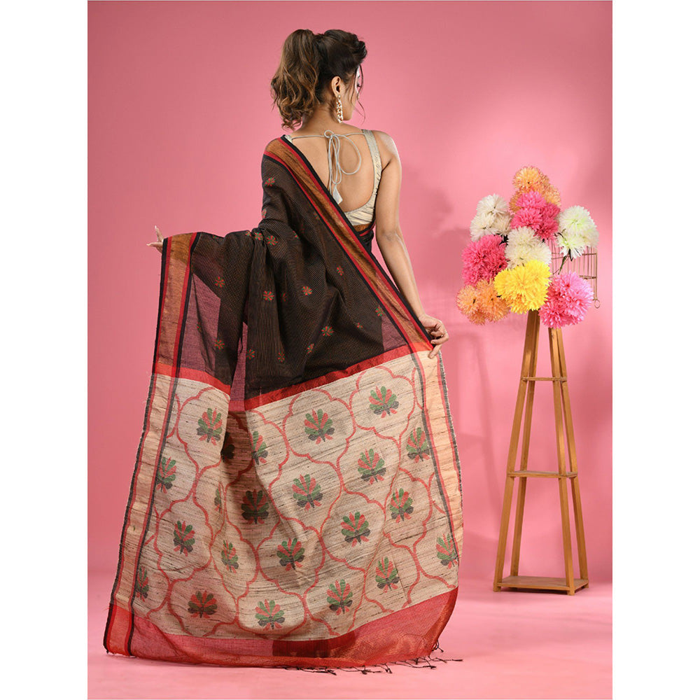 CHARUKRITI Black Cotton Blend Handwoven Jute Weaving Pallu Saree with Unstitched Blouse