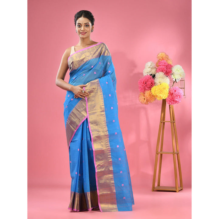 CHARUKRITI Sky Blue Pure Cotton Tant Zari Border Saree without Blouse