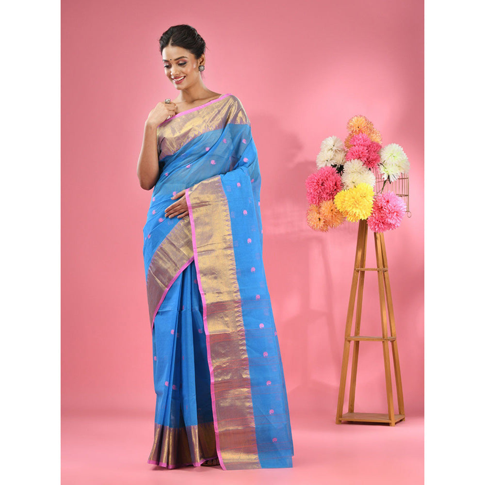 CHARUKRITI Sky Blue Pure Cotton Tant Zari Border Saree without Blouse