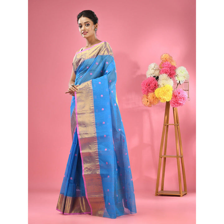 CHARUKRITI Sky Blue Pure Cotton Tant Zari Border Saree without Blouse