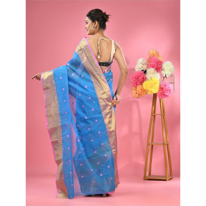 CHARUKRITI Sky Blue Pure Cotton Tant Zari Border Saree without Blouse