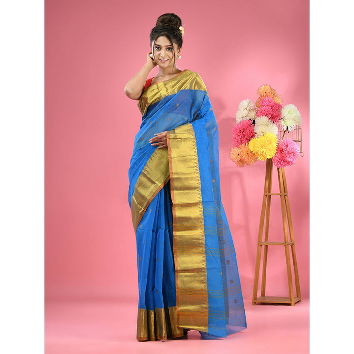 CHARUKRITI Sapphire Blue Pure Cotton Tant Zari Border Saree without Blouse