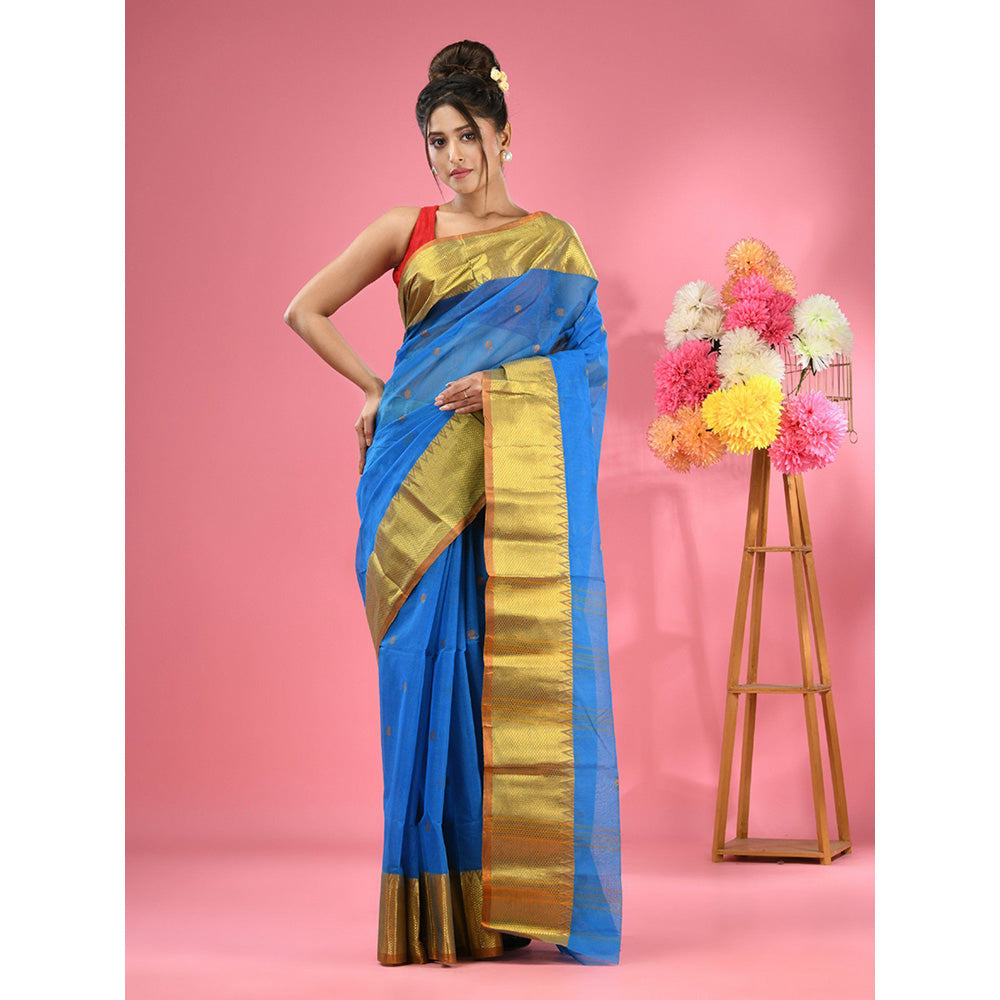 CHARUKRITI Sapphire Blue Pure Cotton Tant Zari Border Saree without Blouse