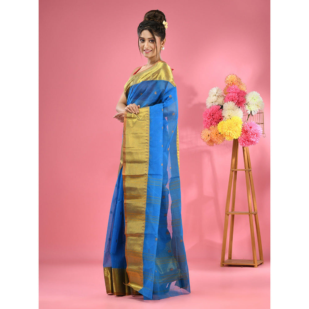 CHARUKRITI Sapphire Blue Pure Cotton Tant Zari Border Saree without Blouse