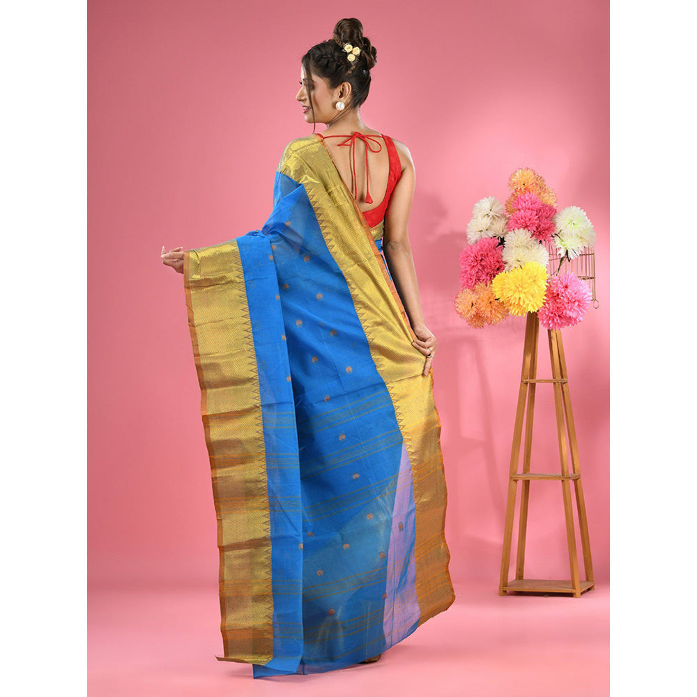 CHARUKRITI Sapphire Blue Pure Cotton Tant Zari Border Saree without Blouse