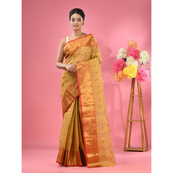 CHARUKRITI Mustard Pure Cotton Tant Zari Border Saree without Blouse