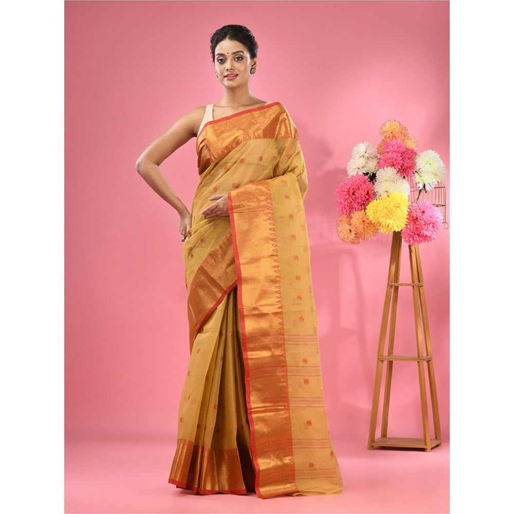 CHARUKRITI Mustard Pure Cotton Tant Zari Border Saree without Blouse