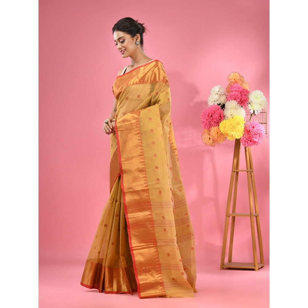 CHARUKRITI Mustard Pure Cotton Tant Zari Border Saree without Blouse