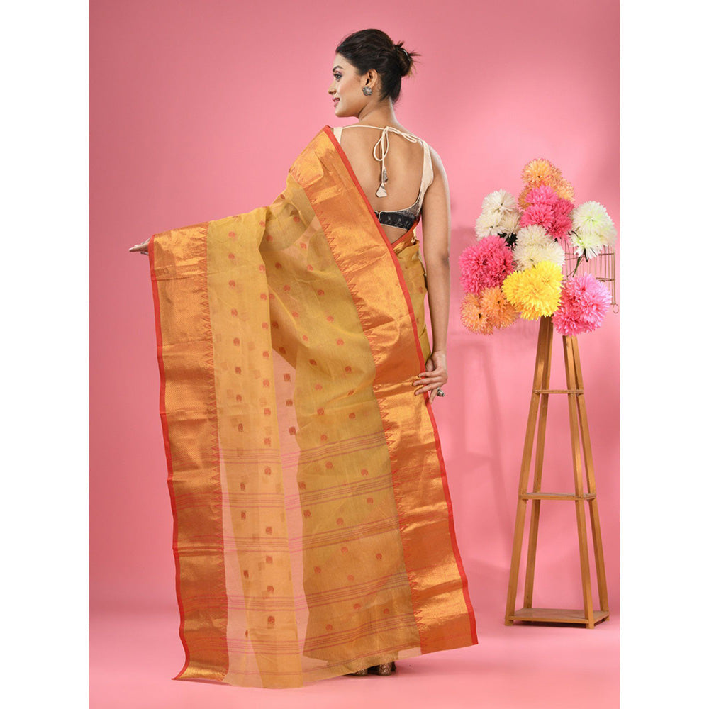 CHARUKRITI Mustard Pure Cotton Tant Zari Border Saree without Blouse