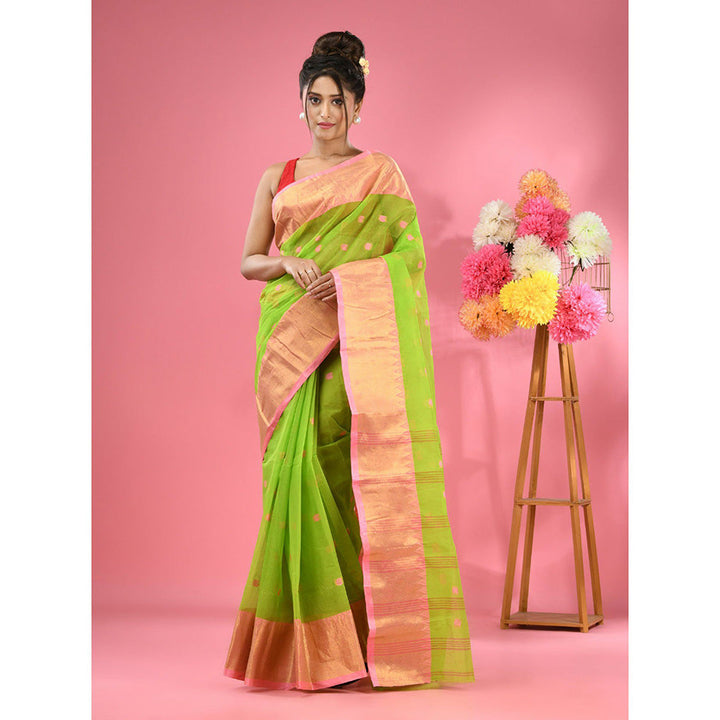 CHARUKRITI Parrot Green Pure Cotton Tant Zari Border Saree without Blouse