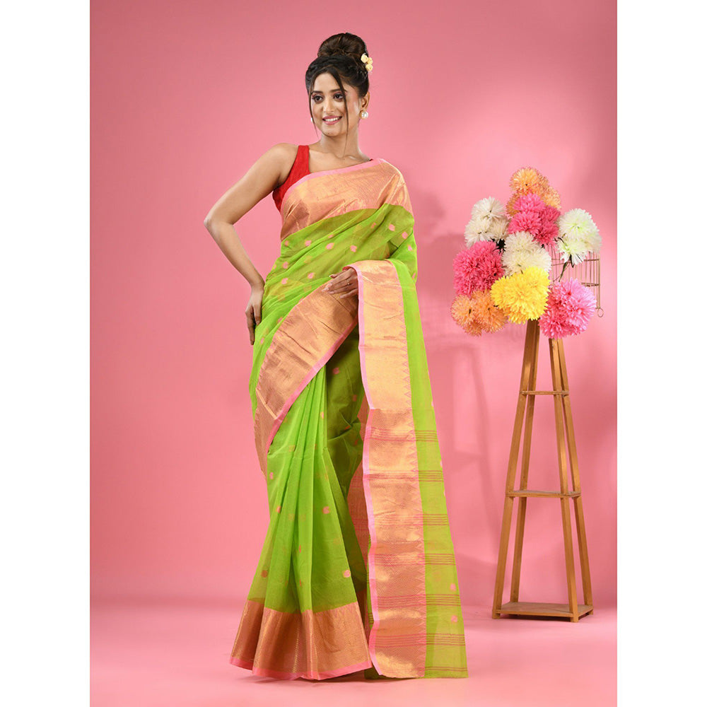 CHARUKRITI Parrot Green Pure Cotton Tant Zari Border Saree without Blouse