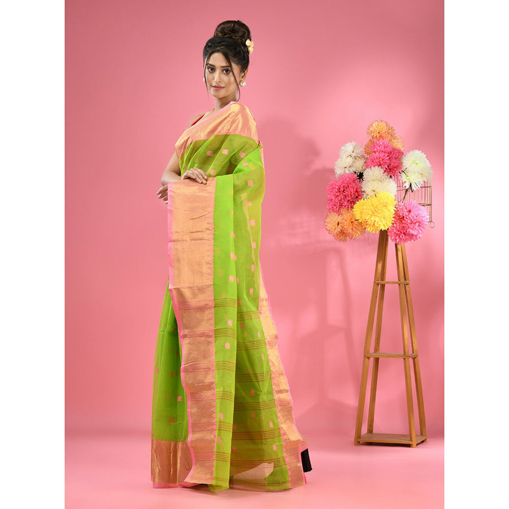 CHARUKRITI Parrot Green Pure Cotton Tant Zari Border Saree without Blouse