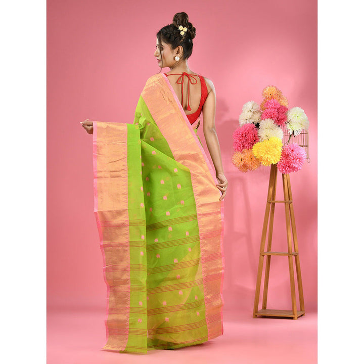 CHARUKRITI Parrot Green Pure Cotton Tant Zari Border Saree without Blouse