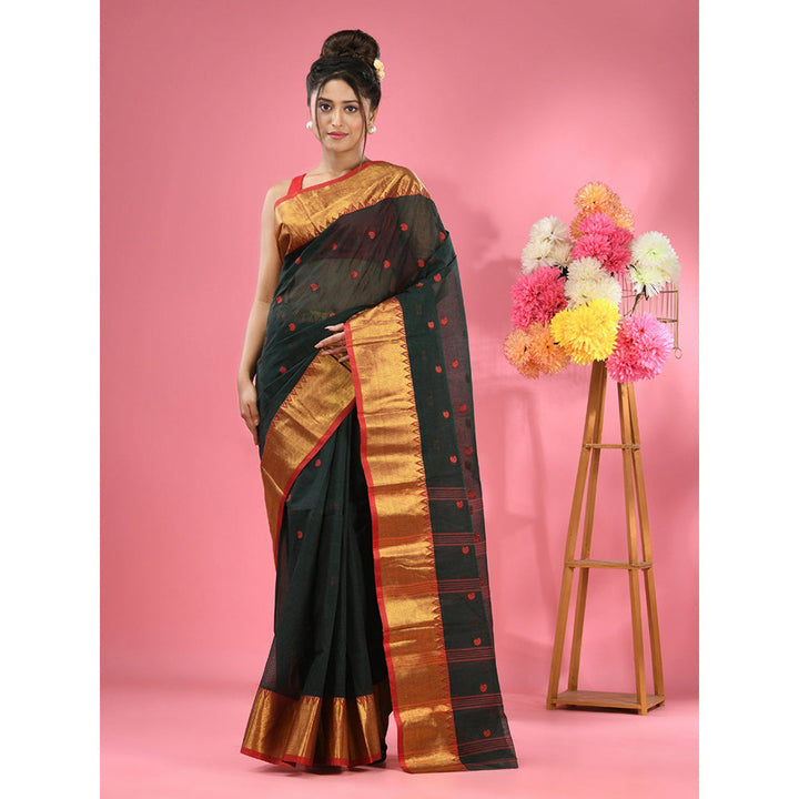 CHARUKRITI Dark Green Pure Cotton Tant Zari Border Saree without Blouse