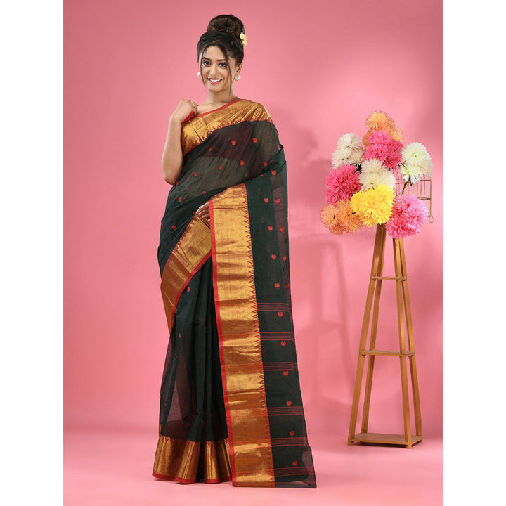 CHARUKRITI Dark Green Pure Cotton Tant Zari Border Saree without Blouse