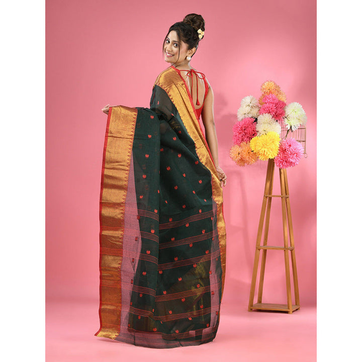 CHARUKRITI Dark Green Pure Cotton Tant Zari Border Saree without Blouse