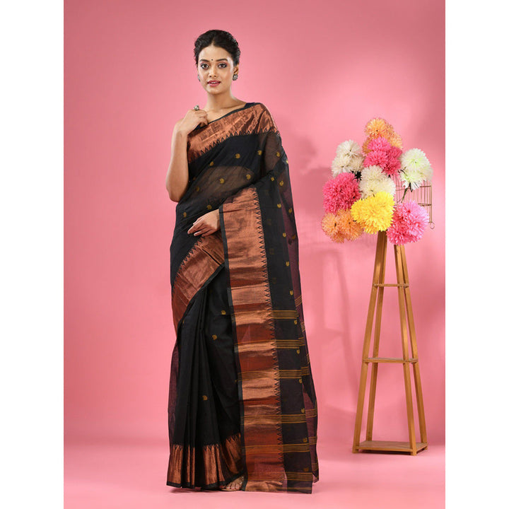 CHARUKRITI Black Pure Cotton Tant Zari Border Saree without Blouse