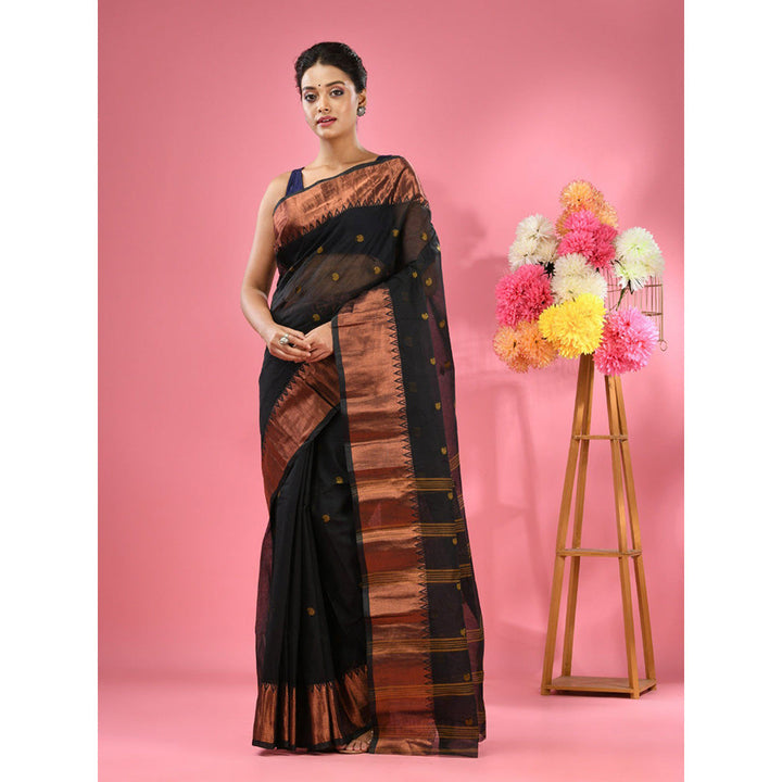 CHARUKRITI Black Pure Cotton Tant Zari Border Saree without Blouse