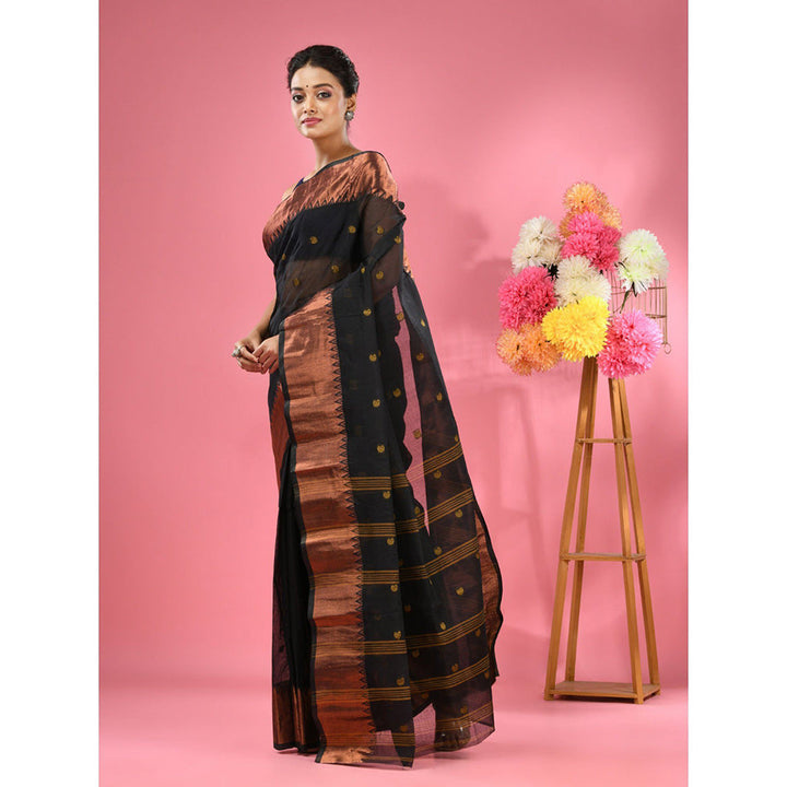 CHARUKRITI Black Pure Cotton Tant Zari Border Saree without Blouse