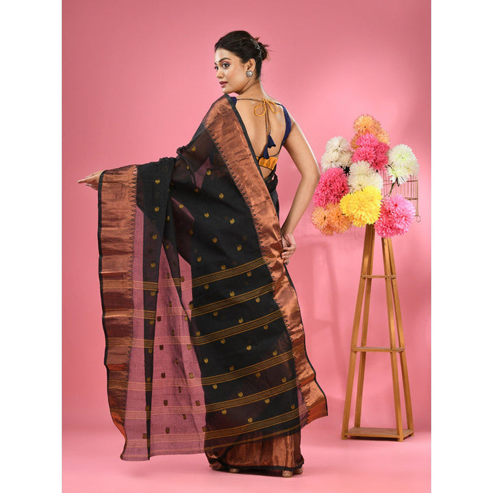 CHARUKRITI Black Pure Cotton Tant Zari Border Saree without Blouse