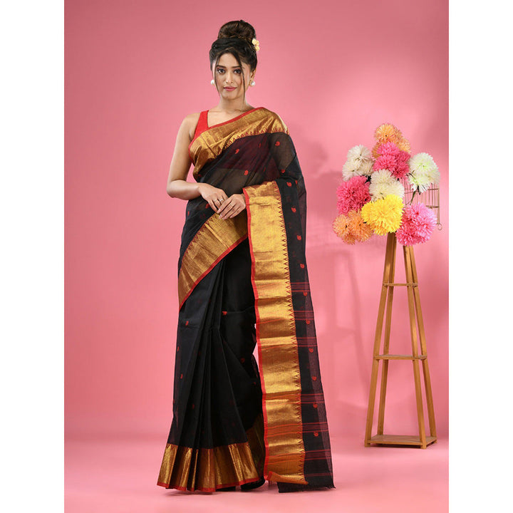 CHARUKRITI Black Pure Cotton Tant Zari Border Saree without Blouse