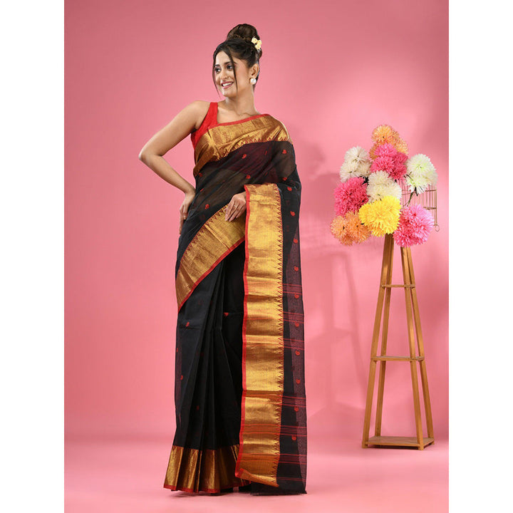 CHARUKRITI Black Pure Cotton Tant Zari Border Saree without Blouse