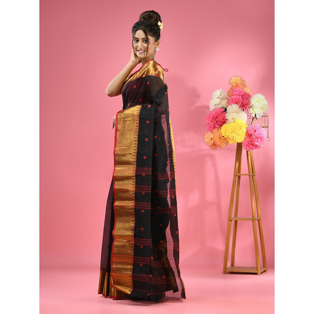 CHARUKRITI Black Pure Cotton Tant Zari Border Saree without Blouse