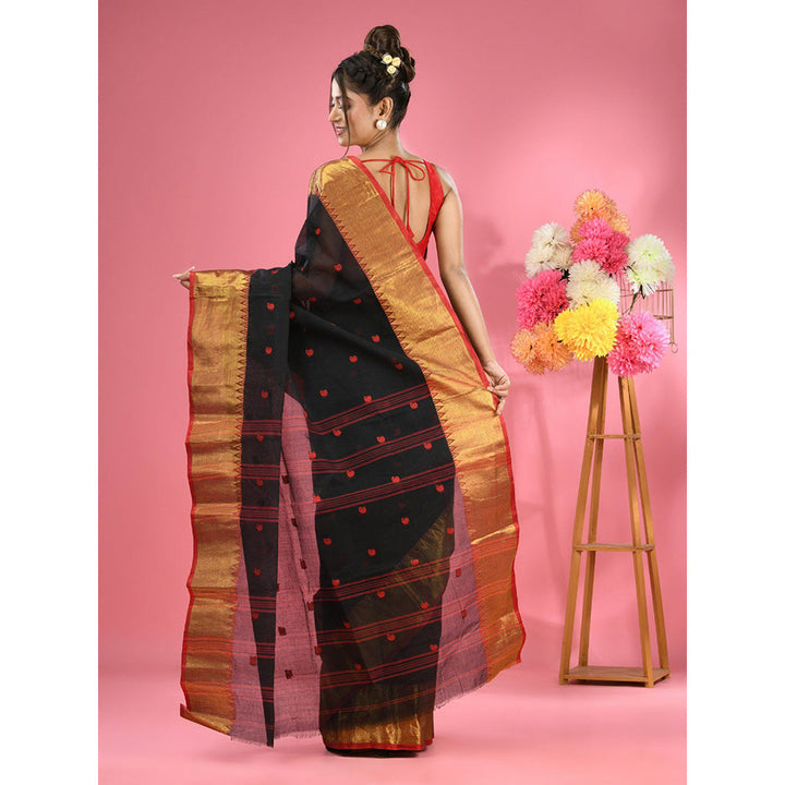 CHARUKRITI Black Pure Cotton Tant Zari Border Saree without Blouse